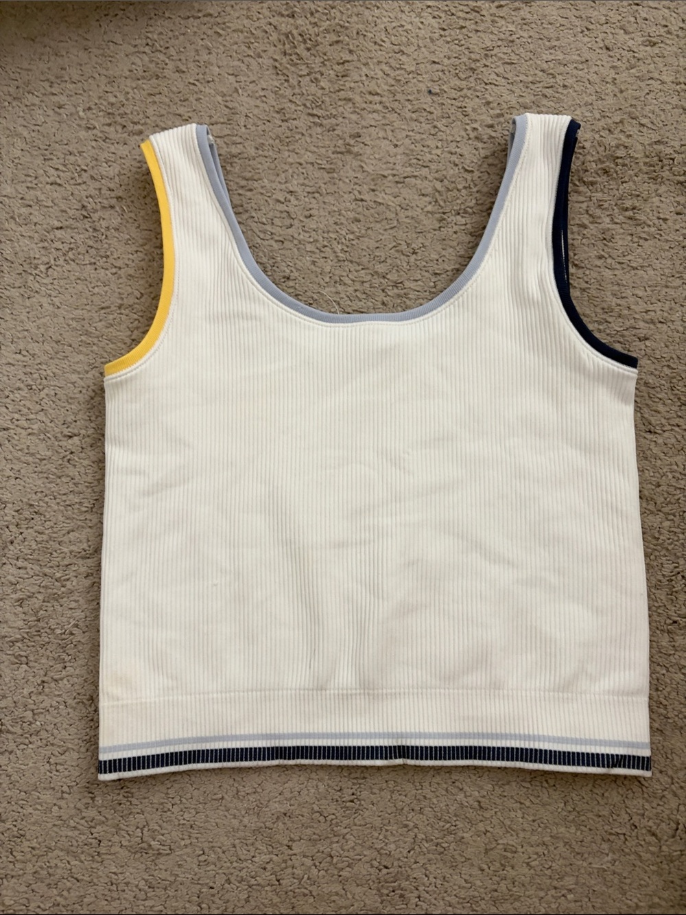 Athleta White Ribbed Tank Top with Yellow and Navy Trim
